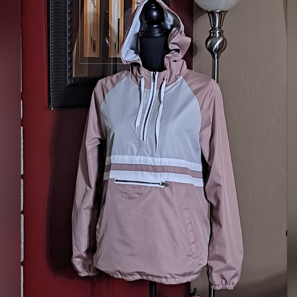 Zine Clothing Mauve -Gray -White Pullover Hooded  Windbreaker/Jacket Sz. M GUC
